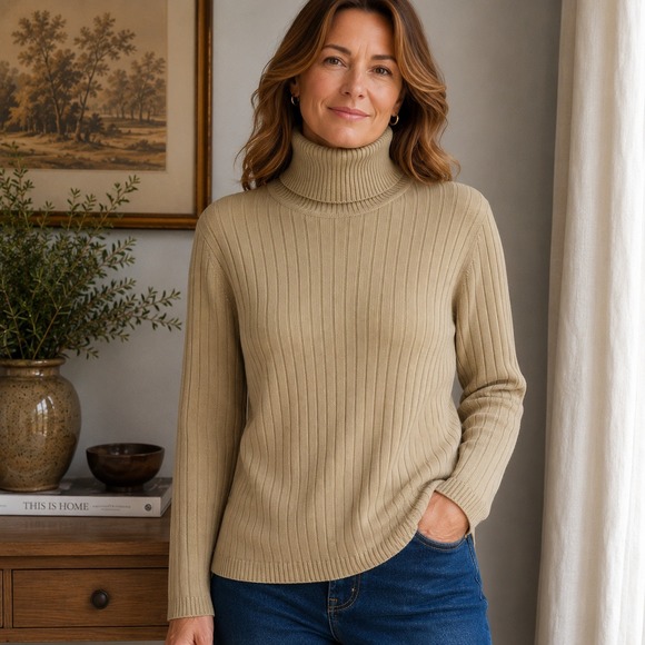 Talbots Sweaters - Talbots 100% Silk Ribbed Turtleneck Sweater Beige Long Sleeve Women's L Classic